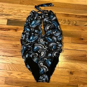 Black/blue/white paisley halter swimsuit with cute peekaboo neckline . Size 14